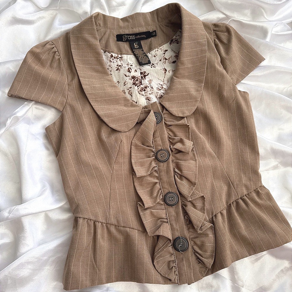 Grass Collection Brown Pinstripe Ruffle Peplum Top Peter Pan Collar Sz M